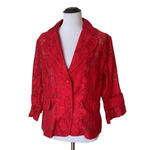 Clara Sun Woo Red Sheer Floral Two Button Blazer Jacket Size Large 3/4 Sleeve